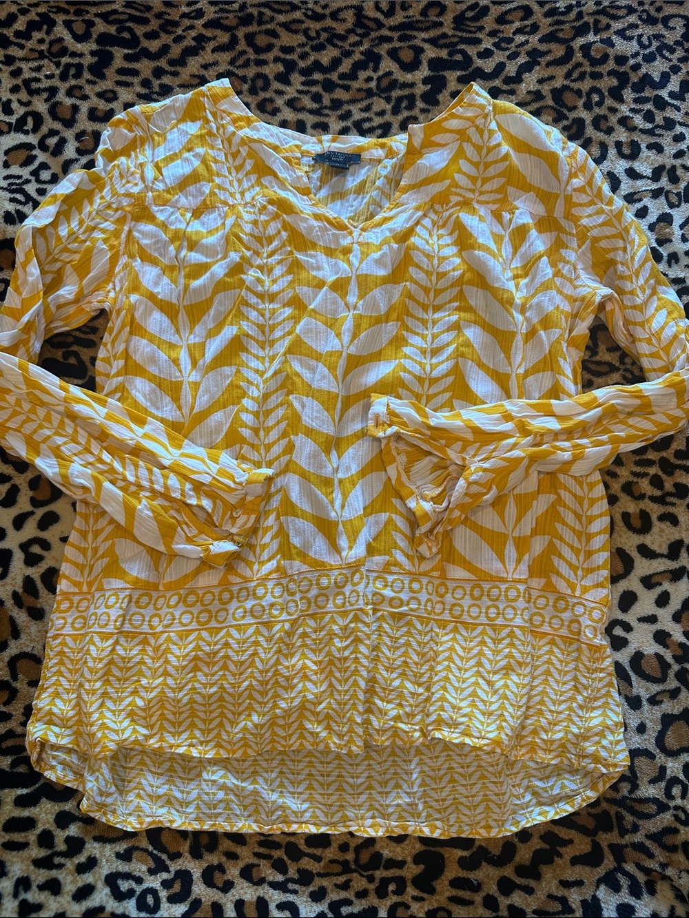 Ann Taylor Factory Yellow and White Leaf-Print Blouse